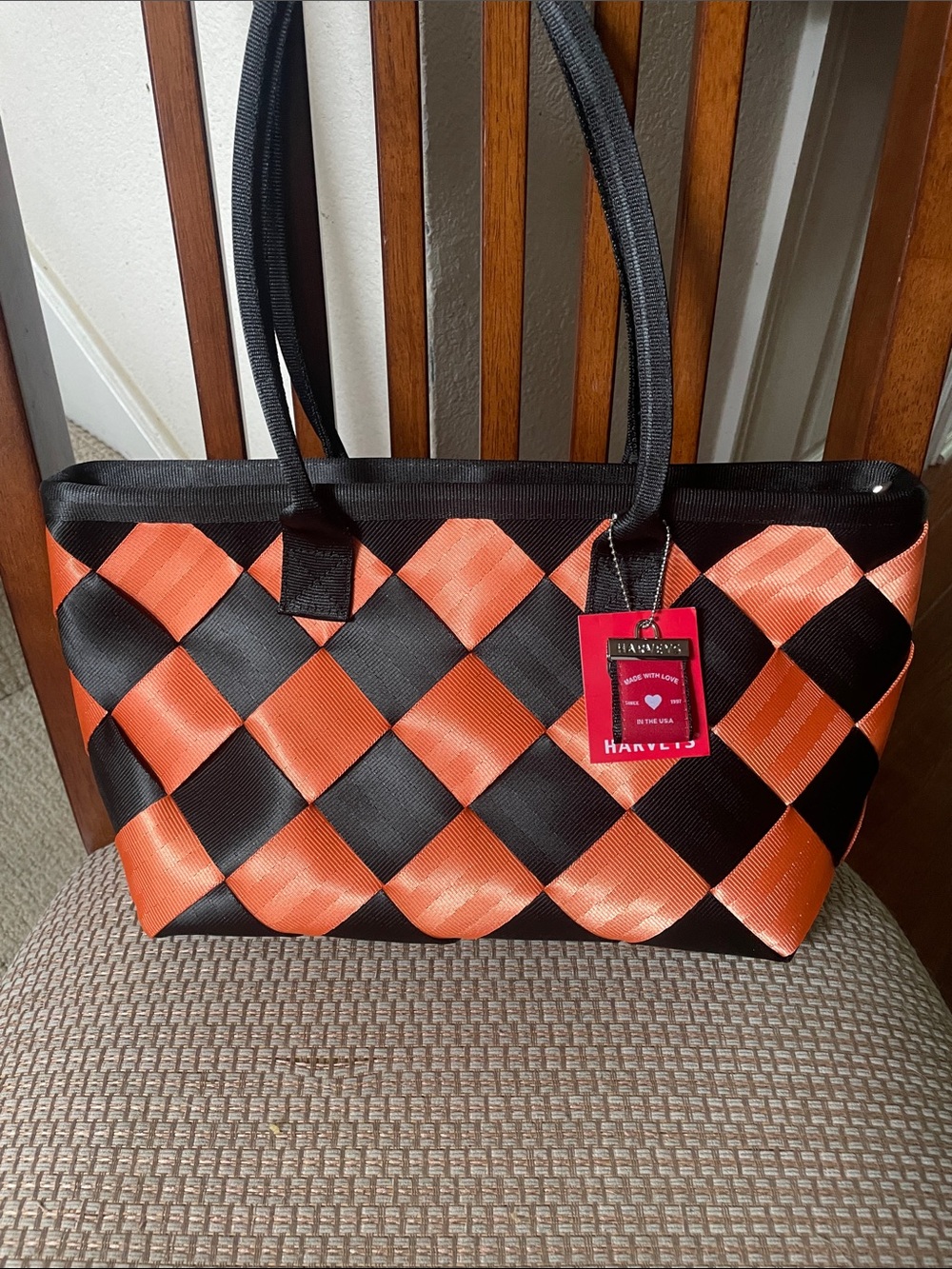 Harveys Orange and Black Woven Plaza Tote Bag
